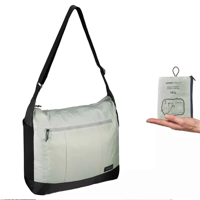 BOLSA TREKKING MONTAÑA COMPACTA FORCLAZ 100 VIAJE BANDOLERA 15 LITROS CAQUI