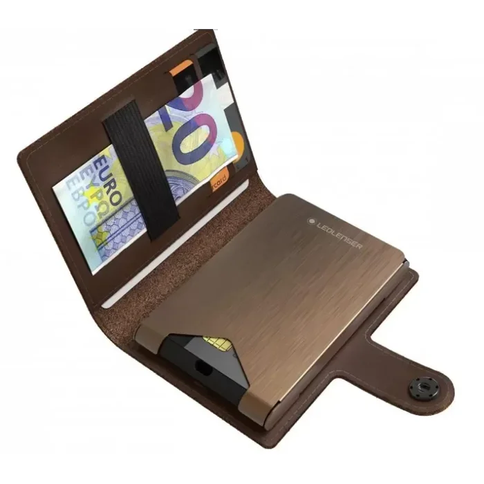 Led Lenser Cartera Lite Wallet Plus con linterna + protector de tarjetas + carga inalambrica 150 lm, color castaño